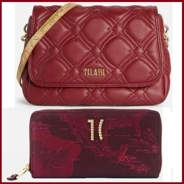 【Alviero Martini】義大利地圖包 迎春雙喜包 菱格鍊帶側背包+12卡長夾-紅色 新春福袋