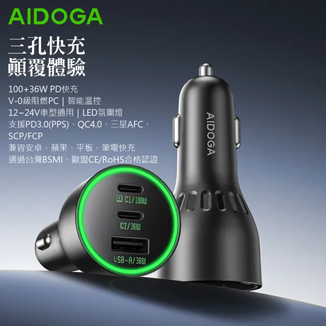【AIDOGA】艾迪伽 136W 三孔 PD 快充 Type-C+USB-A 車充點菸器車用充電器 LED 適用手機/平板/筆電
