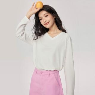 【GIORDANO 佐丹奴】女裝V領修身顯瘦長袖上衣(16 皎白)