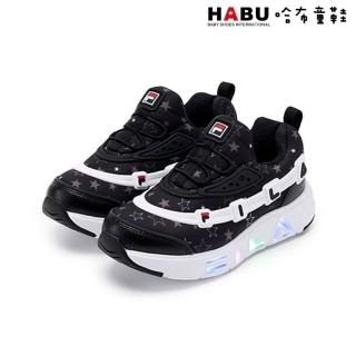 【HABU 哈布童鞋】FILA KIDS 斐樂 運動鞋 慢跑鞋 懶人鞋 無鞋帶 燈鞋 中童 黑夜星星 2-C159A-001