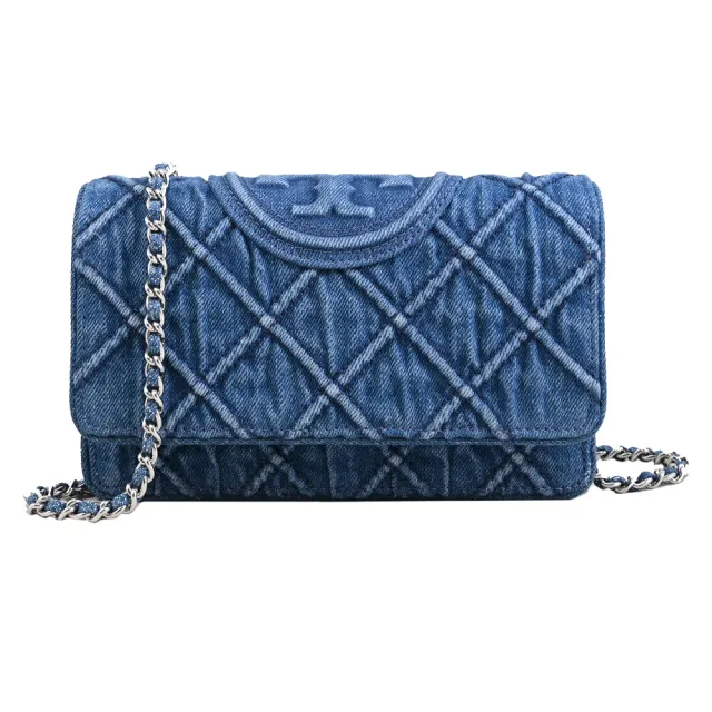 【TORY BURCH】Fleming WOC經典雙T LOGO菱格丹寧布三用鏈包(深藍)
