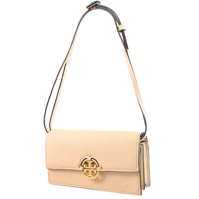 【TORY BURCH】Miller 簡約雙T LOGO皮革翻蓋晚宴包斜背包(杏色)