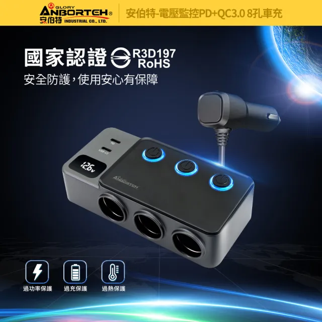【ANBORTEH 安伯特】電壓監控PD+QC3.0 8孔車充(國家認證 一年保固) 12-24皆可使用
