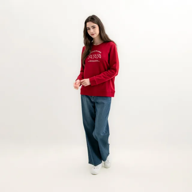 【Arnold Palmer 雨傘】女裝-刺繡標語長袖圓領大學T(紅色)