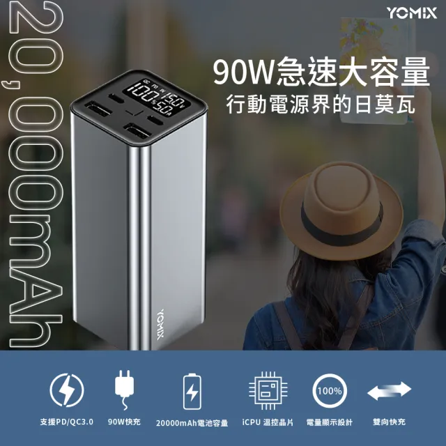 【YOMIX 優迷】PL-01 20000mAh大容量90W四孔雙向快充行動電源(74wh/PD3.0/QC/電量功率顯示/筆電快充)