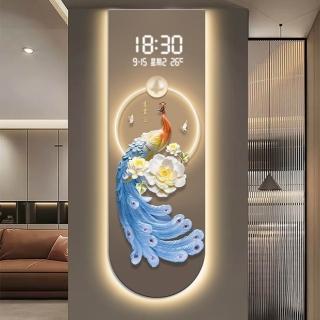 新中式玄關孔雀數位時鐘裝飾畫（LED發光 60×180cm高畫質微噴 智能時鐘+防潮背板）