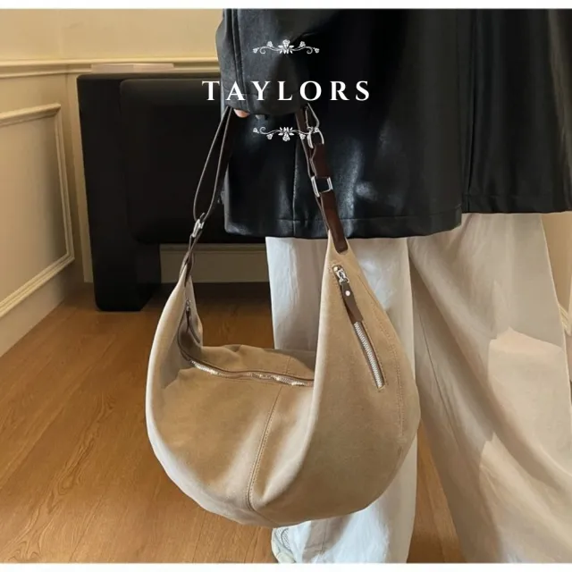 【YUJI 優集】雙11 TAYLORS 麂皮絨斜跨半月包 柔霧質感 輕量收納 通勤休閒側背包 女用包款