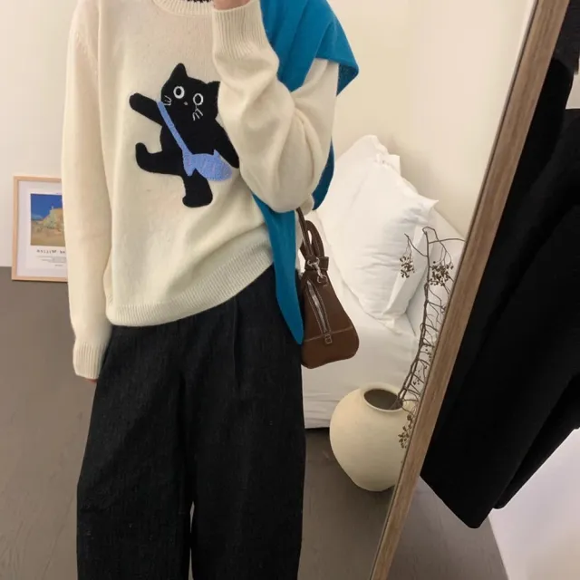 【AS 梨卡】女裝 毛衣 紅色 聖誕 過年 針織 秋冬 小貓毛衣 寬鬆圓領上衣 保暖針織衫DR655