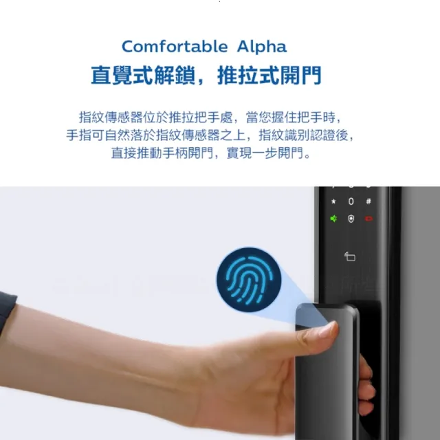 【Philips 飛利浦】ALPHA 五合一推拉式智能門鎖/電子鎖 曜石黑(指紋│卡片│密碼│鑰匙│WIFI/含安裝)