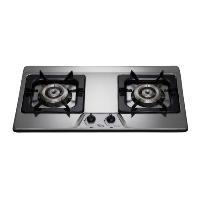 JTL喜特麗 JT-GC202S 雙口瓦斯爐採用臺灣製造不鏽鋼爐臺與鑄鐵爐頭，支援天然瓦斯(NG1)或液化瓦斯(LPG)，傳統外擴火焰設計提供均勻加熱，壓電式點火方便使用。瓦斯消耗量9~10kW，能源效率第二級，挖孔尺寸670x350 mm，機體尺寸700x400x178 mm，BSMI認證R31028，享1年保固，標準安裝，適閤家庭廚房高效烹飪。