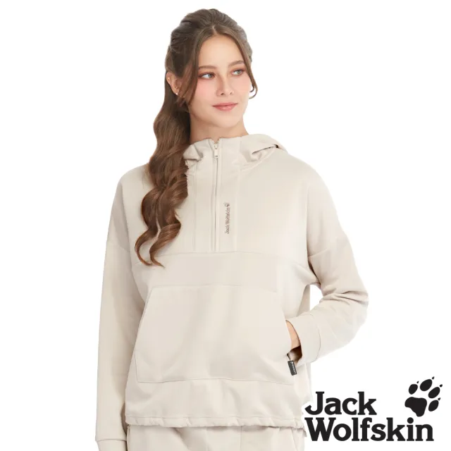 【Jack wolfskin 飛狼】女 蓄熱石墨烯 連帽內刷毛保暖衣 帽T(淺米)