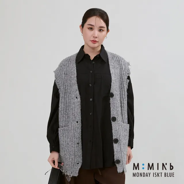 【M：MINb】混羊毛個性破壞造型粗針織背心(淺灰/中大尺碼女裝/XL女裝/女裝/肉肉女穿搭/毛衣背心/羊毛背心)