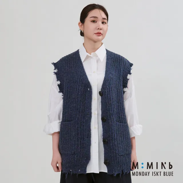 【M：MINb】混羊毛個性破壞造型粗針織背心(藍色/中大尺碼女裝/XL女裝/女裝/肉肉女穿搭/毛衣背心/羊毛背心)