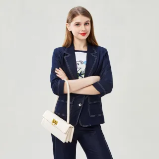 【MYVEGA 麥雪爾】涼感白車線牛仔風彈性西裝套裝外套-藍(上下身分開販售)