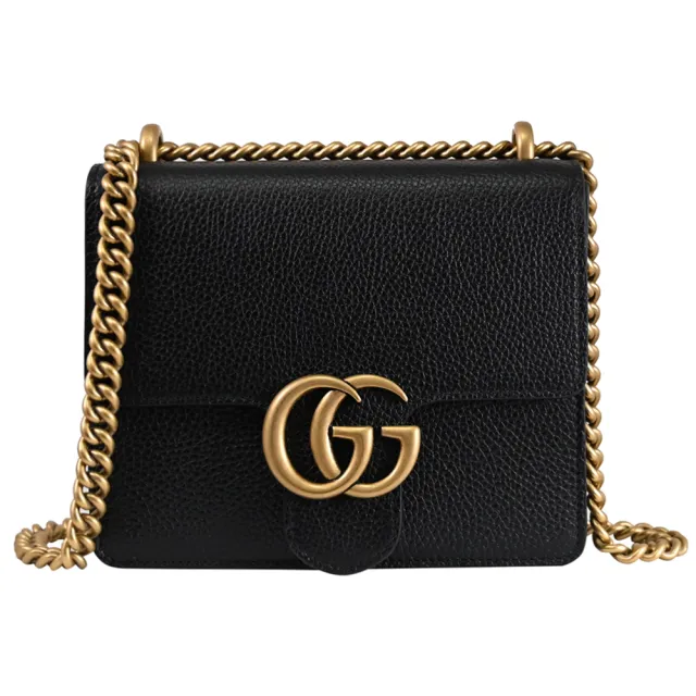 【GUCCI 古馳】Marmont 金屬雙G LOGO荔枝皮革翻蓋肩斜三用鍊包(黑)