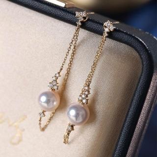 【海斯珠寶】極光系列 18K金 7-7.5mm 日本 Akoya 海水珍珠 耳線 天然鑽石點綴 兩戴設計 長款 耳環