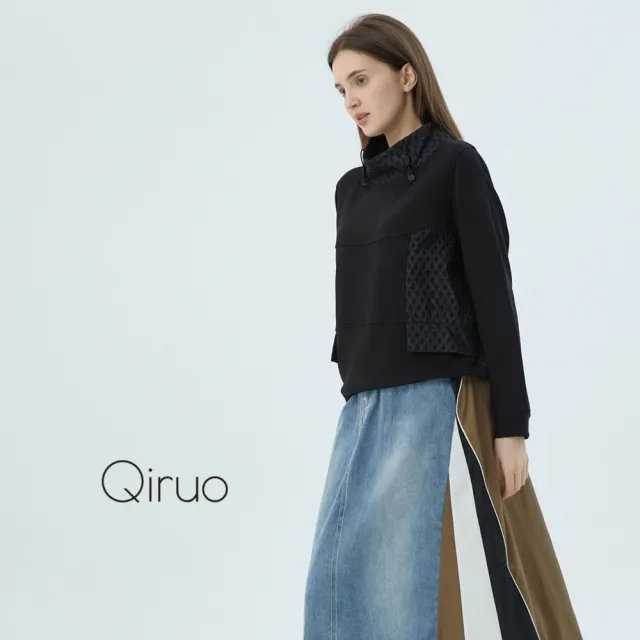 【Qiruo 奇若名品】軟絨棉質 立領素面長袖黑色休閒上衣 7163A 