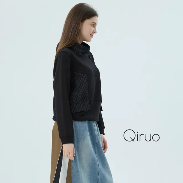 【Qiruo 奇若名品】軟絨棉質 立領素面長袖黑色休閒上衣 7163A 