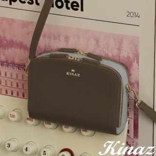 【KINAZ】分層雙拉鍊撞色WOC貨幣斜背包-摩卡晴空-幸運小盒系列