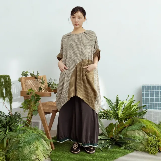 【MOSS CLUB】純棉雙層紗落肩洋裝 黑 綠(魅力商品)