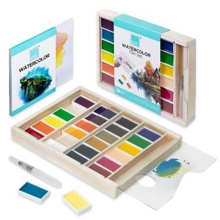 【COLOUR BLOCK】24色塊狀水彩顏料木盒套組 含水筆 畫本(固體水彩 常用色系 寫生 美術用品)