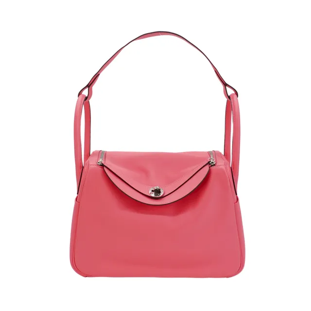 【Hermes 愛馬仕】展示品 Lindy 30 牛皮銀釦手提兩用包(杜鵑粉)