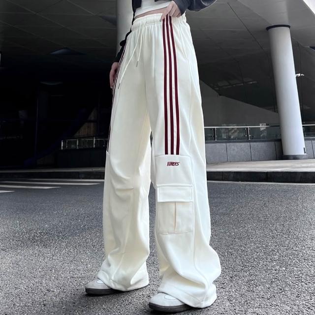【AS 梨卡】女裝 長褲 情侶款 街舞拖地褲 闊腿工裝褲 嘻哈休閒褲 運動褲 寬鬆運動直筒 WT071