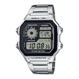 【CASIO 卡西歐】方形不鏽鋼世界地圖電子錶(AE-1200WHD-1A)
