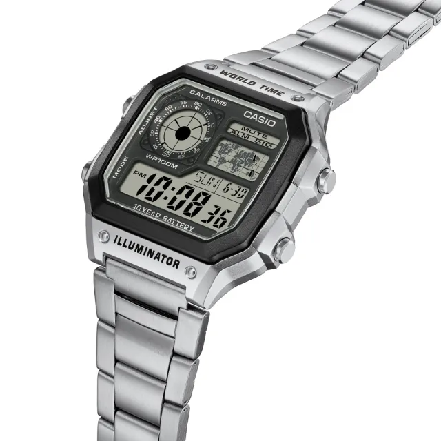 【CASIO 卡西歐】方形不鏽鋼世界地圖電子錶(AE-1200WHD-1A)