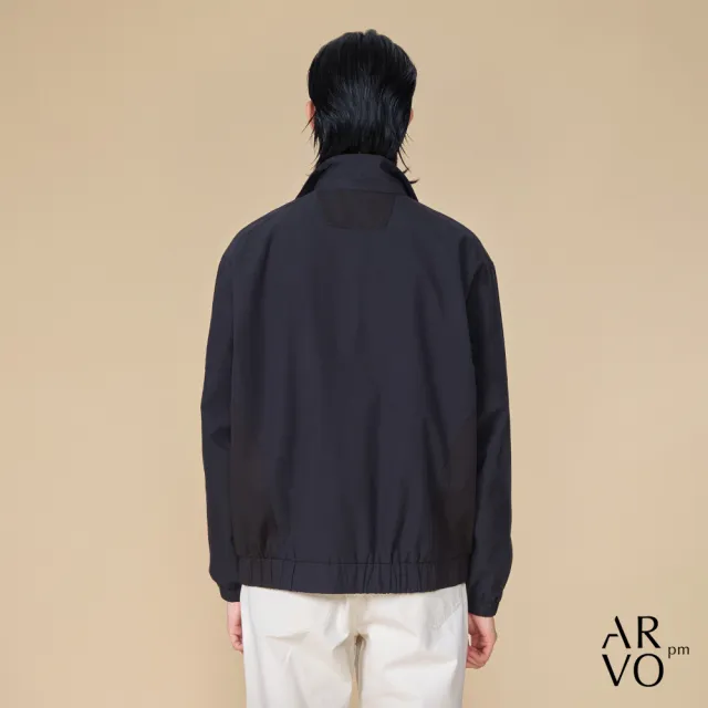 【ARVOpm】男女同款 拼接設計斜口袋黑色夾克/教練外套00122504102(限時6折)
