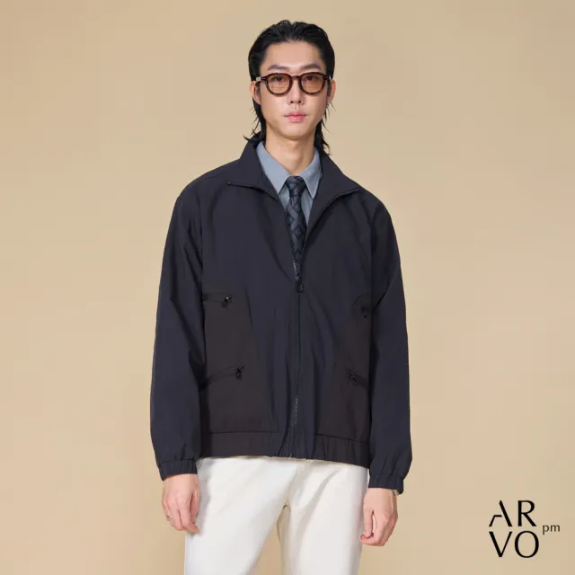 【ARVOpm】男女同款 拼接設計斜口袋黑色夾克/教練外套00122504102(限時6折)