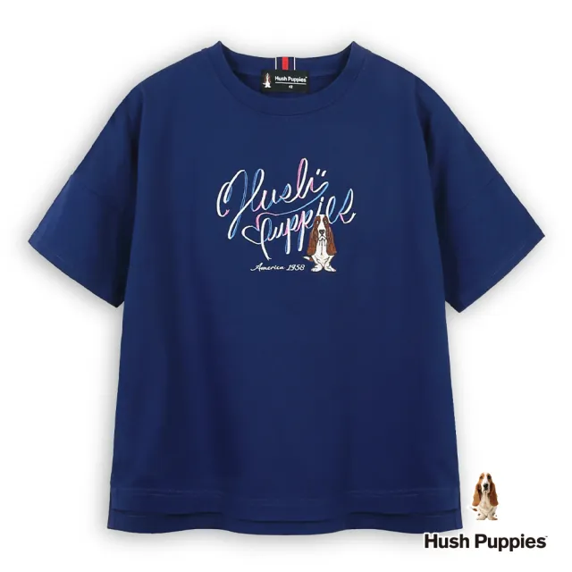 【Hush Puppies】女裝 POLO衫 配色品牌英文刺繡狗落肩上衣 (深藍 / 63210103)