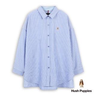 【Hush Puppies】女裝 襯衫 直條紋刺繡小狗寬版長袖襯衫 (藍/白條紋 / 63212101)