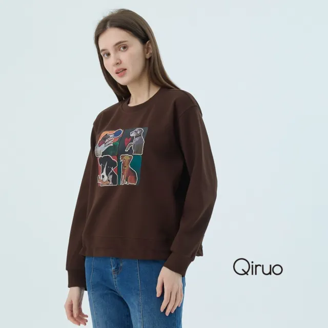 【Qiruo 奇若名品】棉質 圓領大學T四格圖 咖啡色長袖上衣7241A