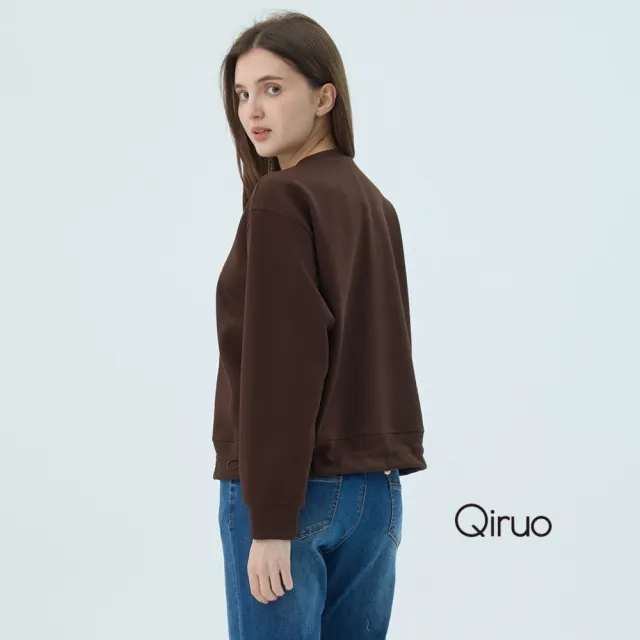 【Qiruo 奇若名品】棉質 圓領大學T四格圖 咖啡色長袖上衣7241A