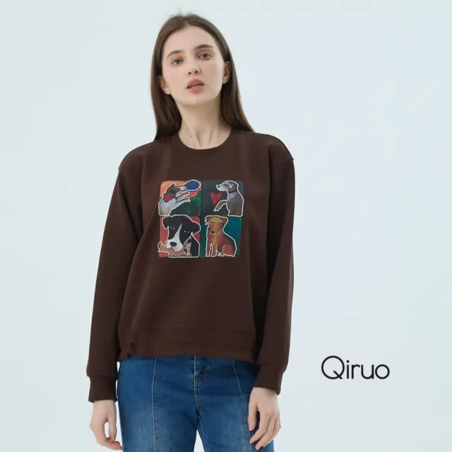 【Qiruo 奇若名品】棉質 圓領大學T四格圖 咖啡色長袖上衣7241A