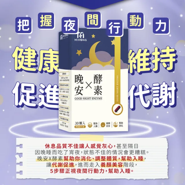 【MIHONG 米鴻生醫】晚安X酵素-添加GABA.色胺酸.海水鎂 x1盒(30顆/盒)