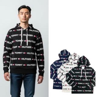 【TOMMY HILFIGER】湯米 薄帽T 滿版LOGO 男版 帽T 長袖 上衣 連帽 平輸品(帽T 長袖8614)