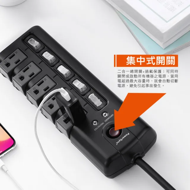 【PowerSync 群加】5開5插防雷擊旋轉插座延長線/1.8m-黑/白(TS5X0018/TS5X9018)