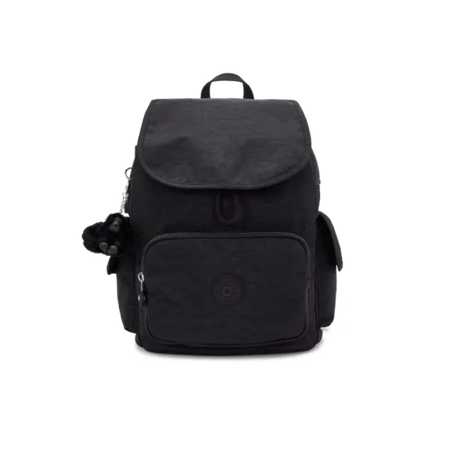 【KIPLING】『猴子包』曜岩黑品牌經典圓標拉鍊掀蓋後背包-CITY PACK S 女包