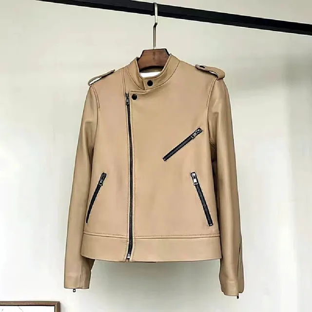 【巴黎精品】現貨+預購 真皮皮衣機車夾克(立領拉鍊修身牛皮機車夾克女外套v1ao3)