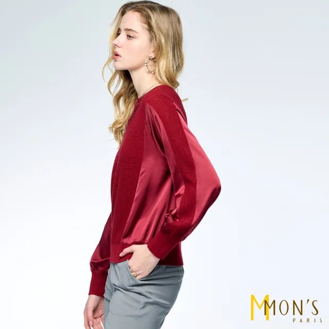 【MON’S】蝴蝶結鑽領拼接針織上衣(直)