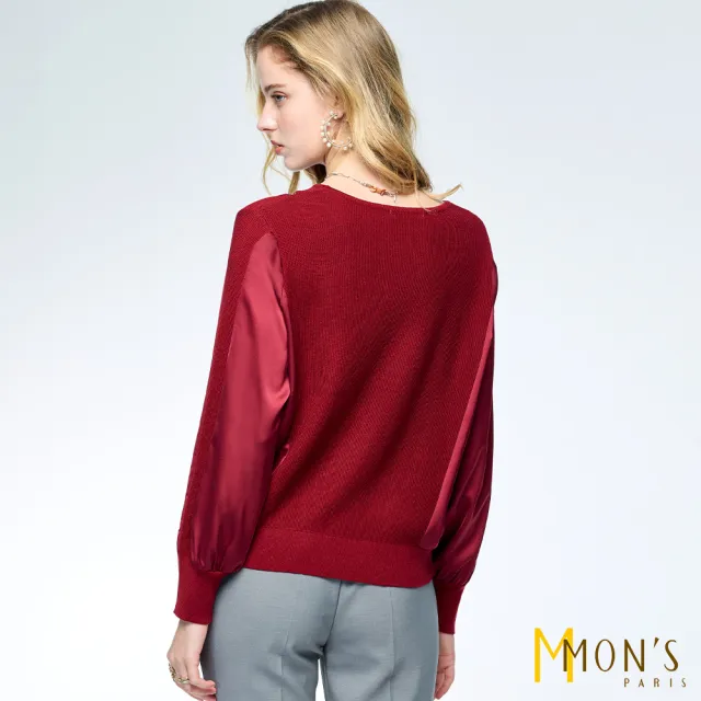 【MON’S】蝴蝶結鑽領拼接針織上衣(直)