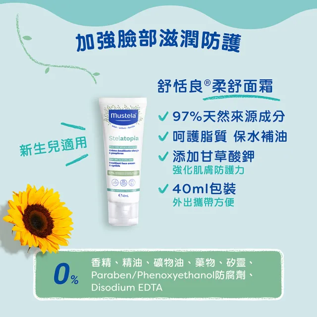【Mustela 慕之恬廊】舒恬良 乾癢肌全面洗護組(雙潔露200ml＋滋養益膚柔舒霜150ml有機＋柔舒面霜40ml)