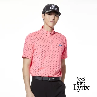 【Lynx Golf】男款吸濕排汗亮眼螢光色系立領短袖POLO衫/高爾夫球衫(螢光粉色)