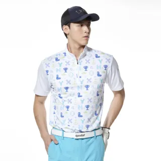 【Lynx Golf】男款吸濕排汗滿版彩色字母印花立領短袖POLO衫/高爾夫球衫(白色)