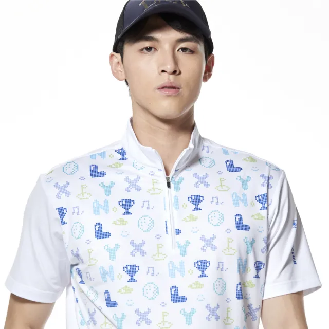 【Lynx Golf】男款吸濕排汗滿版彩色字母印花立領短袖POLO衫/高爾夫球衫(白色)