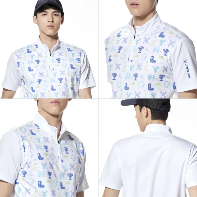 【Lynx Golf】男款吸濕排汗滿版彩色字母印花立領短袖POLO衫/高爾夫球衫(白色)