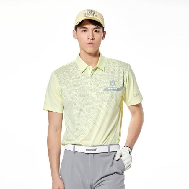 【Lynx Golf】男款吸濕排汗不對稱拼接斜紋造型短袖POLO衫/高爾夫球衫(亮黃色)