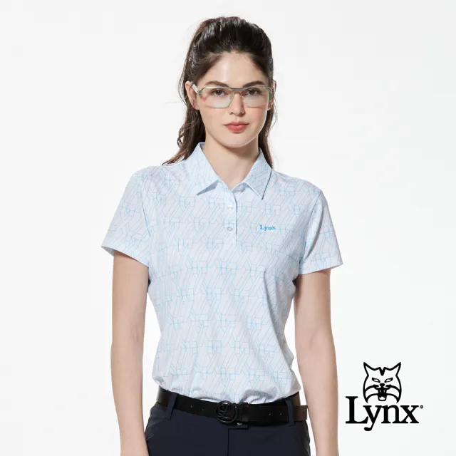 【Lynx Golf】女款吸濕排汗機能幾何壓紋圖樣短袖POLO衫/高爾夫球衫(白/藍色)